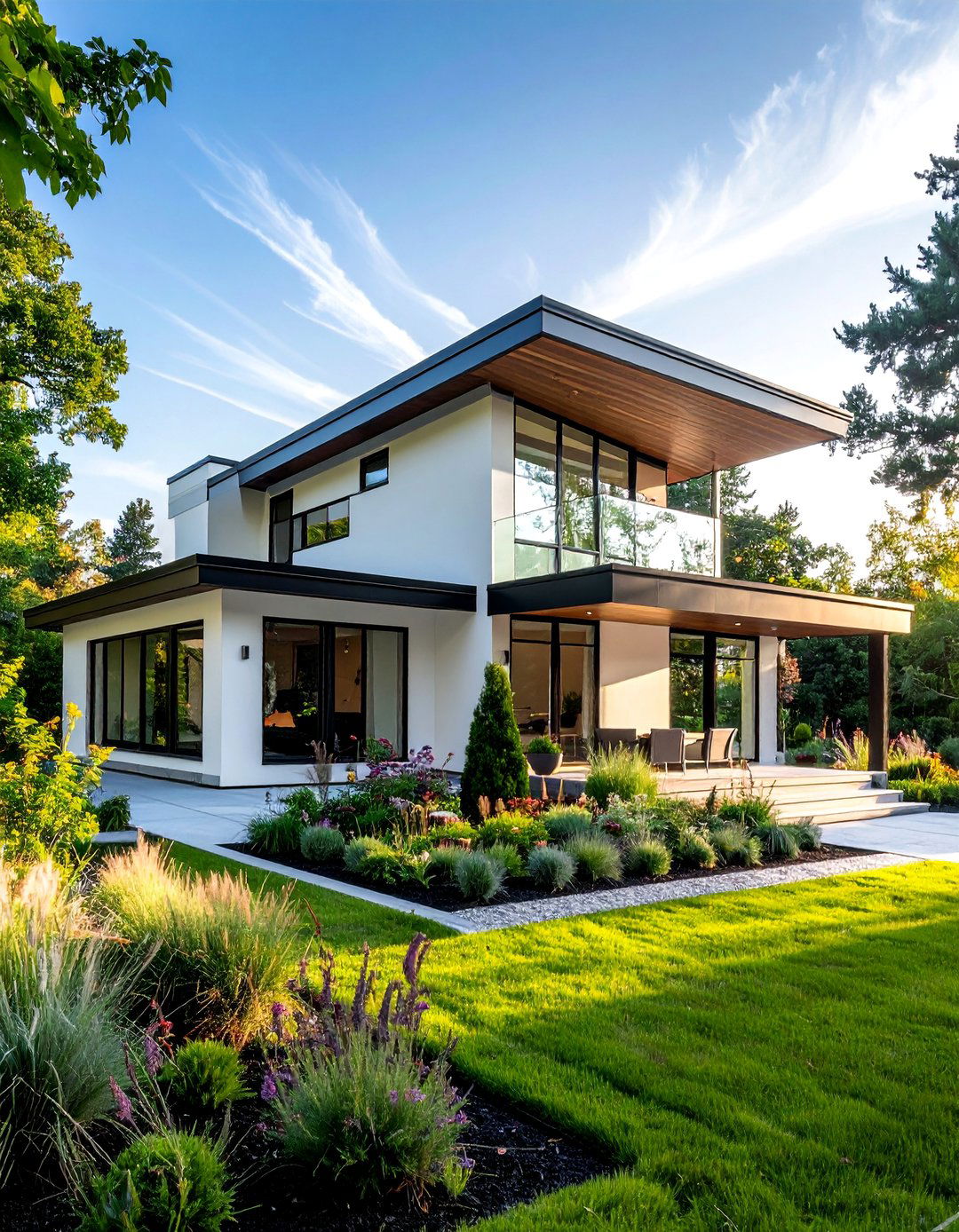 Single Story White House Black Trim with Asymmetrical Design - 30 Single Story White House Black Trim Designs