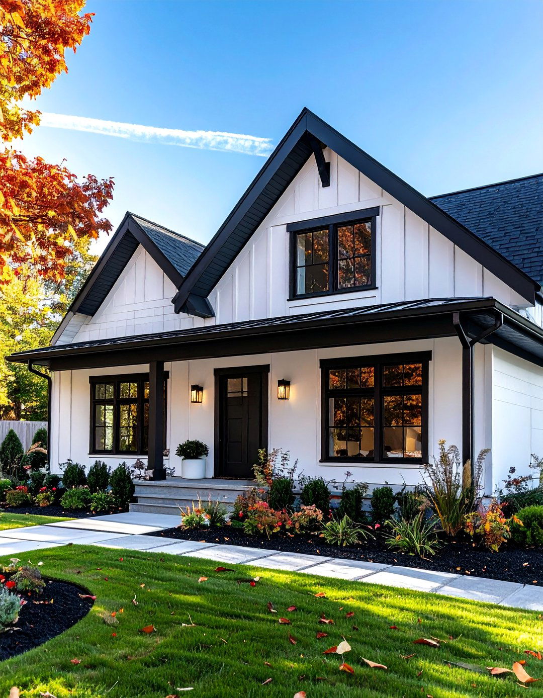 Single Story White House Black Trim with Dark Gutters and Downspouts - 30 Single Story White House Black Trim Designs