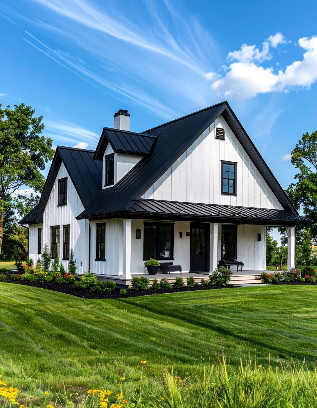 Single Story White House Black Trim with Gable Rooflines - 30 Single Story White House Black Trim Designs
