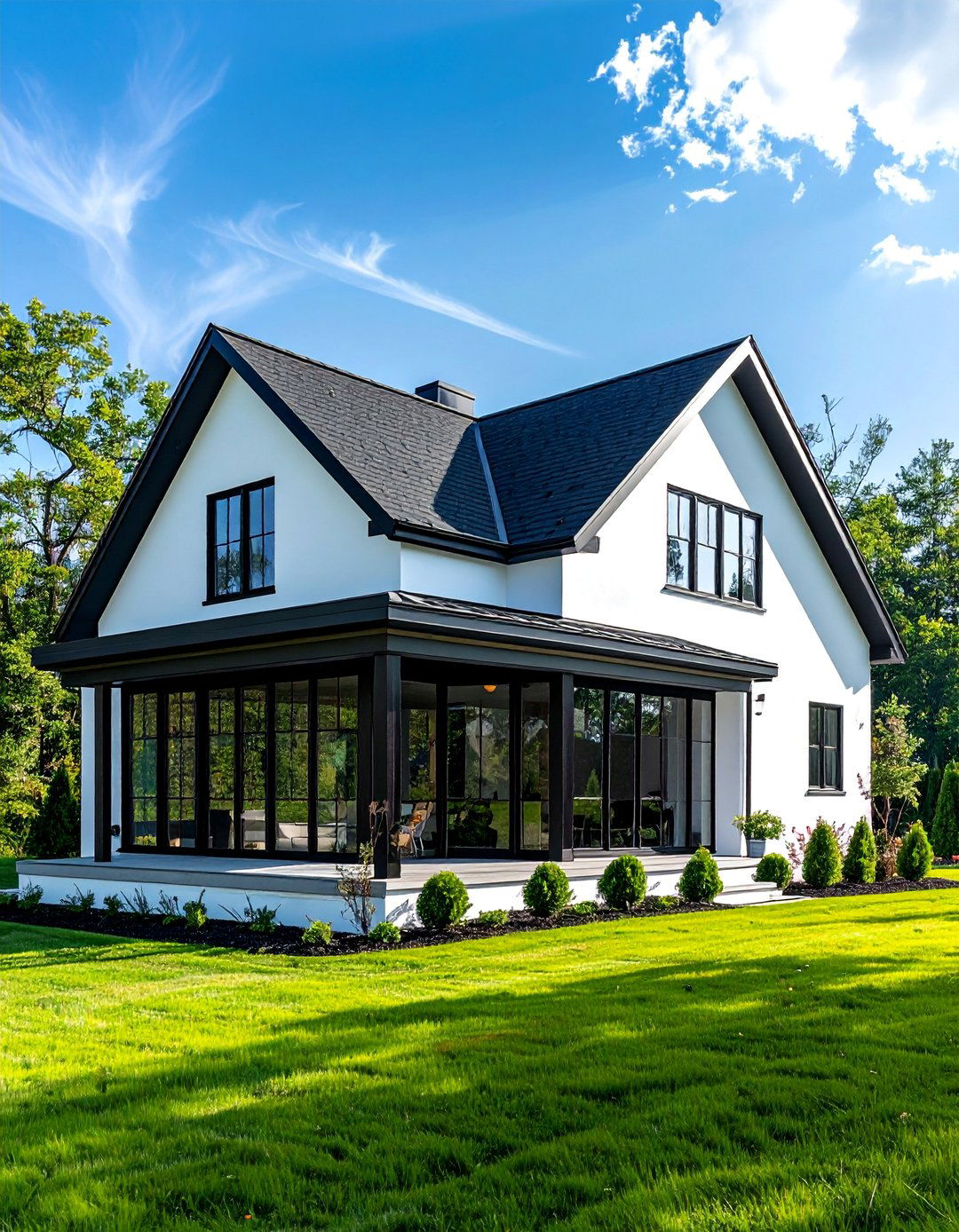 Single Story White House Black Trim with Large Picture Windows - 30 Single Story White House Black Trim Designs