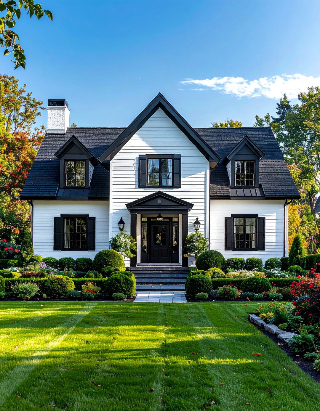 Single Story White House Black Trim with Symmetrical Facade - 30 Single Story White House Black Trim Designs