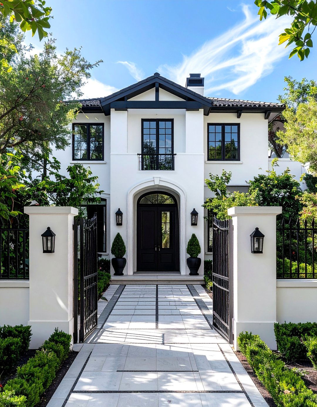 Single Story White House Black Trim with a Courtyard Entrance - 30 Single Story White House Black Trim Designs