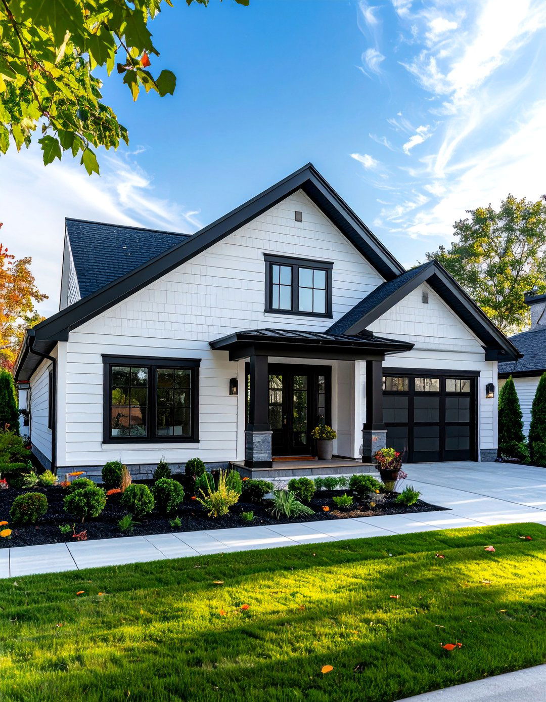 Single Story White House Black Trim with a Hip Roof - 30 Single Story White House Black Trim Designs