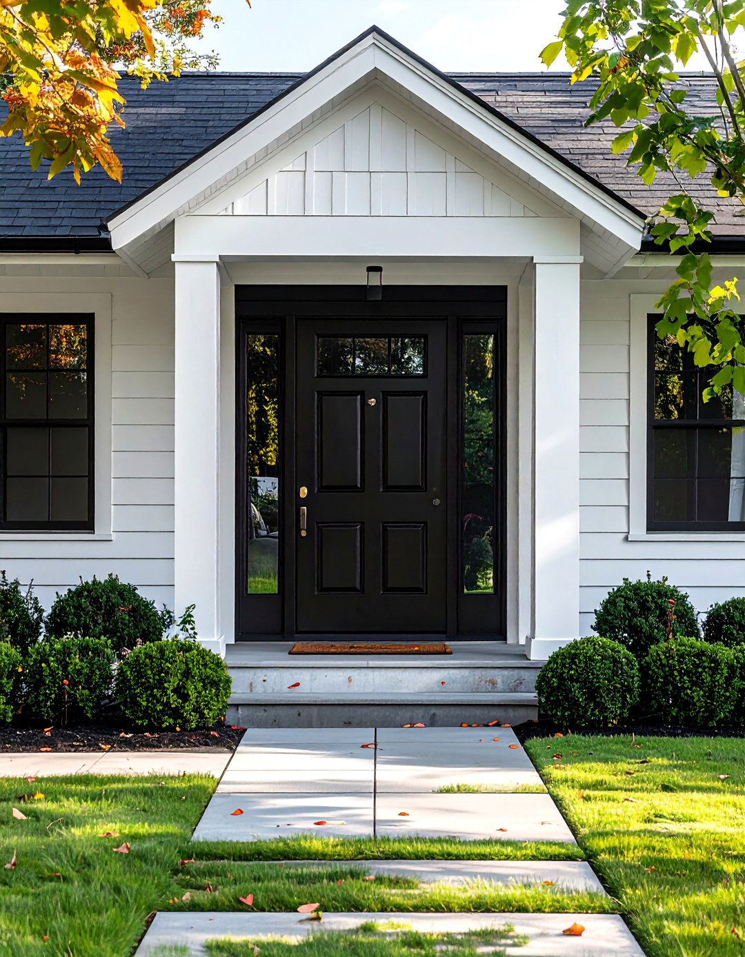 Single Story White House with a Black Front Door and Trim - 30 Single Story White House Black Trim Designs