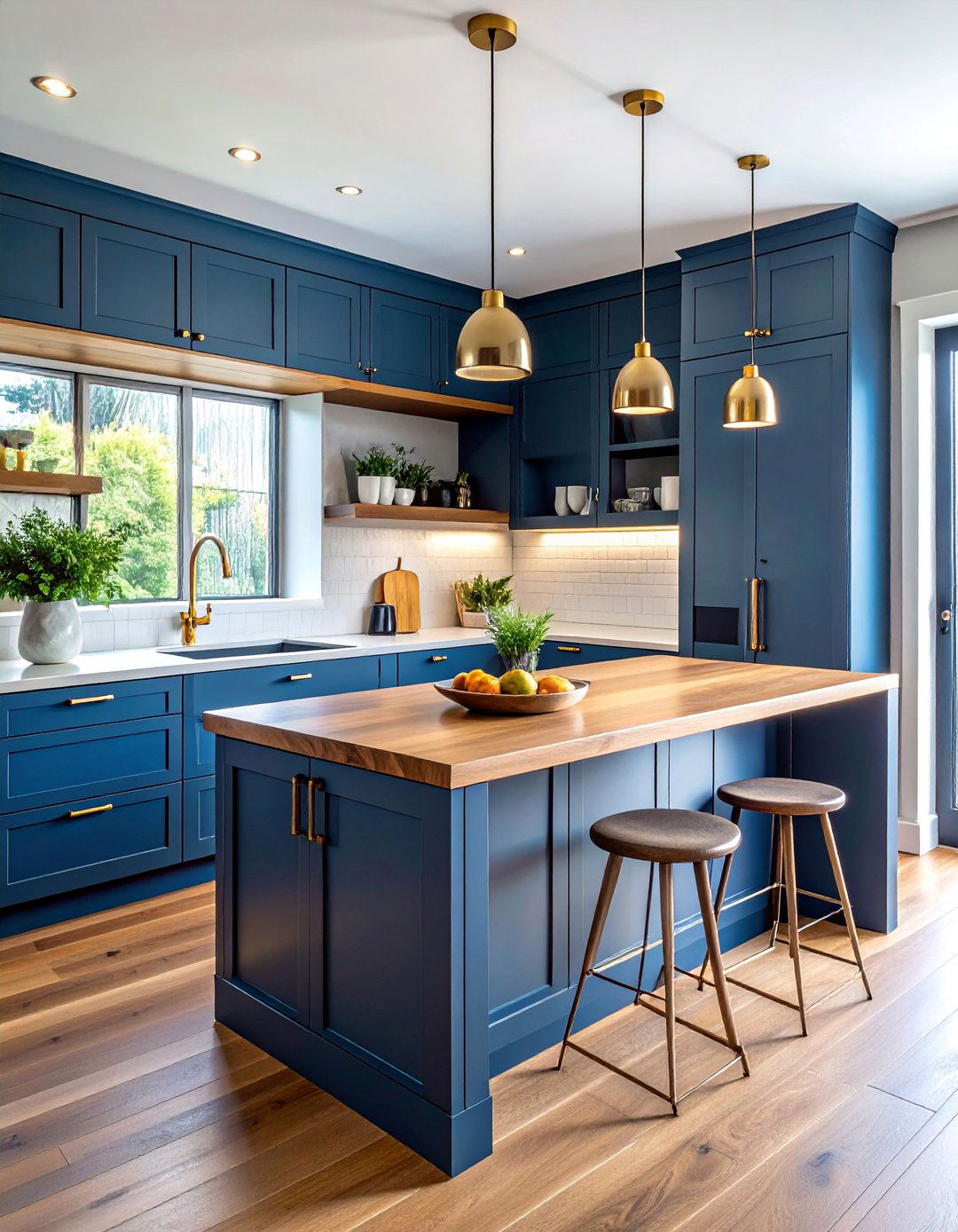 Slate Blue Kitchen Cabinets With Gold Hardware and Wood Accents - 30 Blue Kitchen Cabinets With Gold Hardware Ideas
