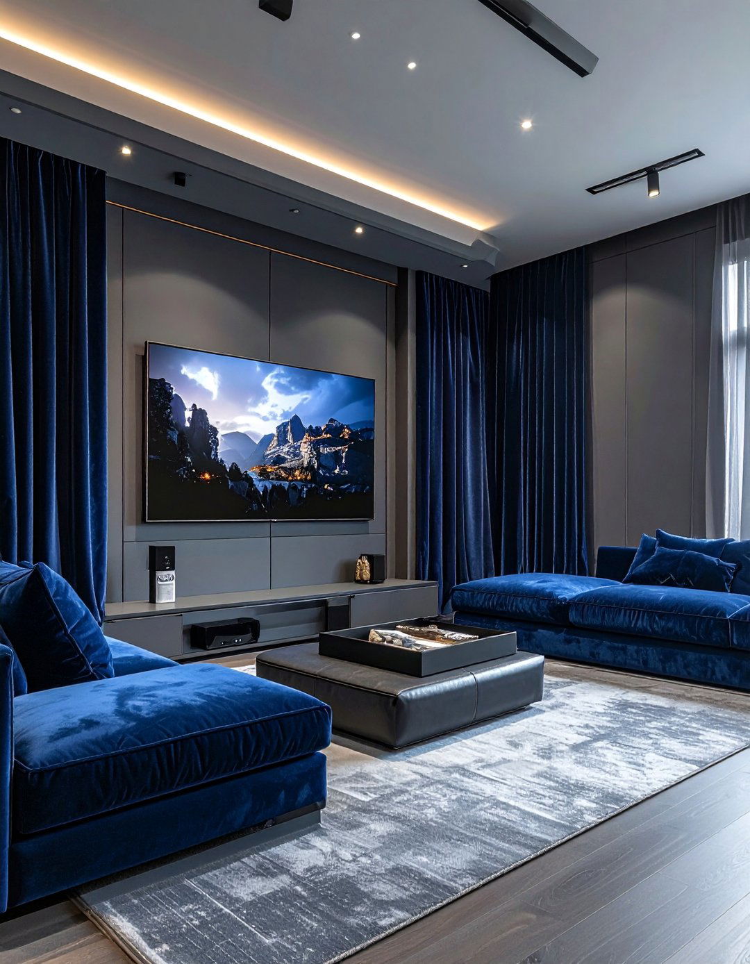 Slate Gray with Navy Blue Accents - 20 Gray Home Theater Paint Color Schemes