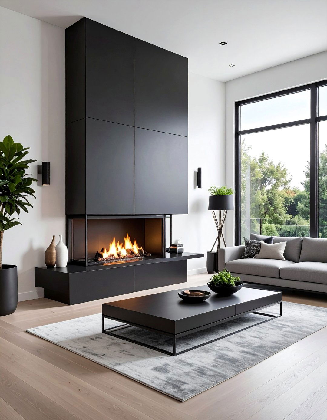 Sleek Black Metal Fireplace Surround - 25 Stunning Two-Story Fireplace Design Ideas