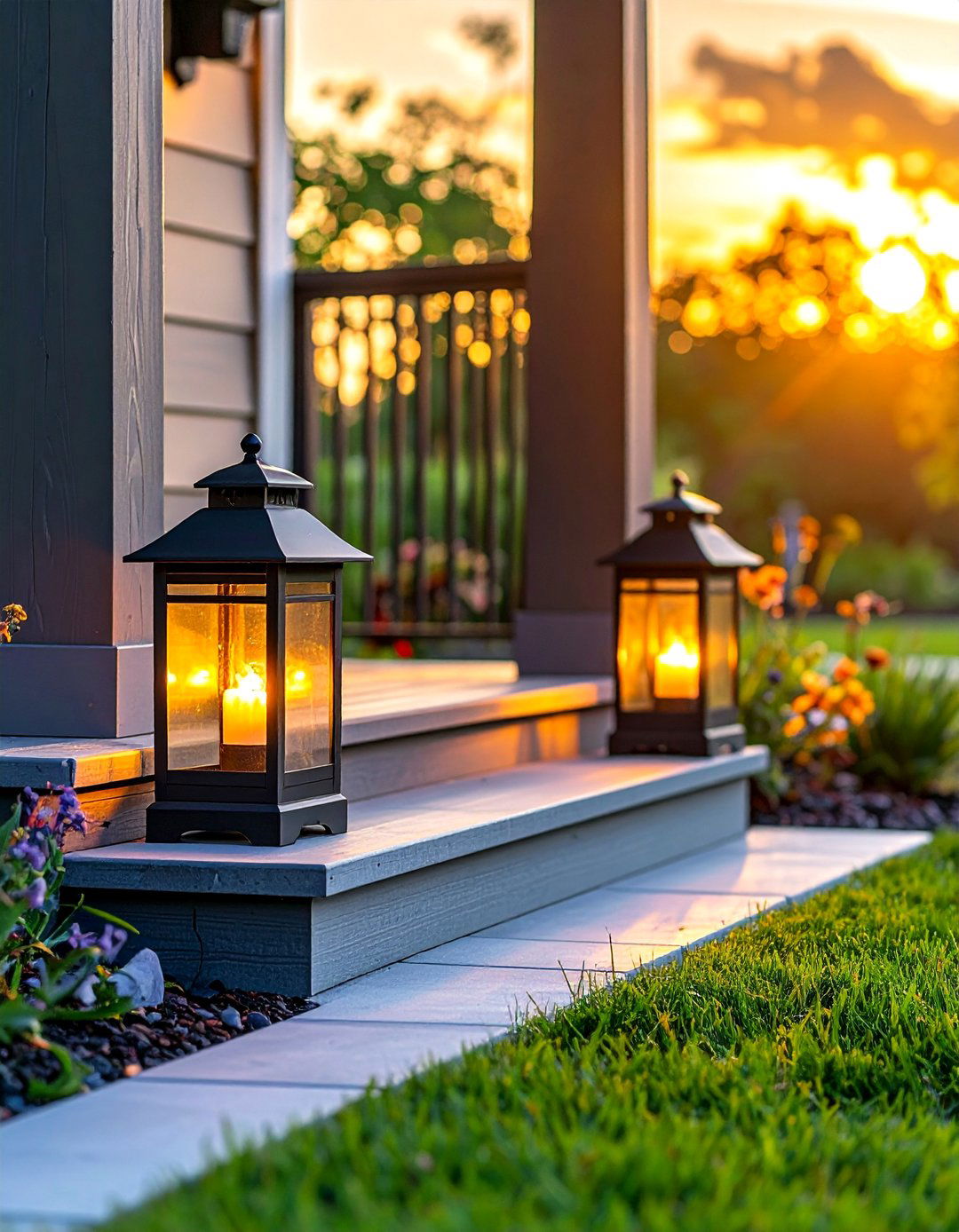Small Front Porch with Solar Powered Lanterns - 40 Small Front Porch Ideas for a Welcoming Entryway