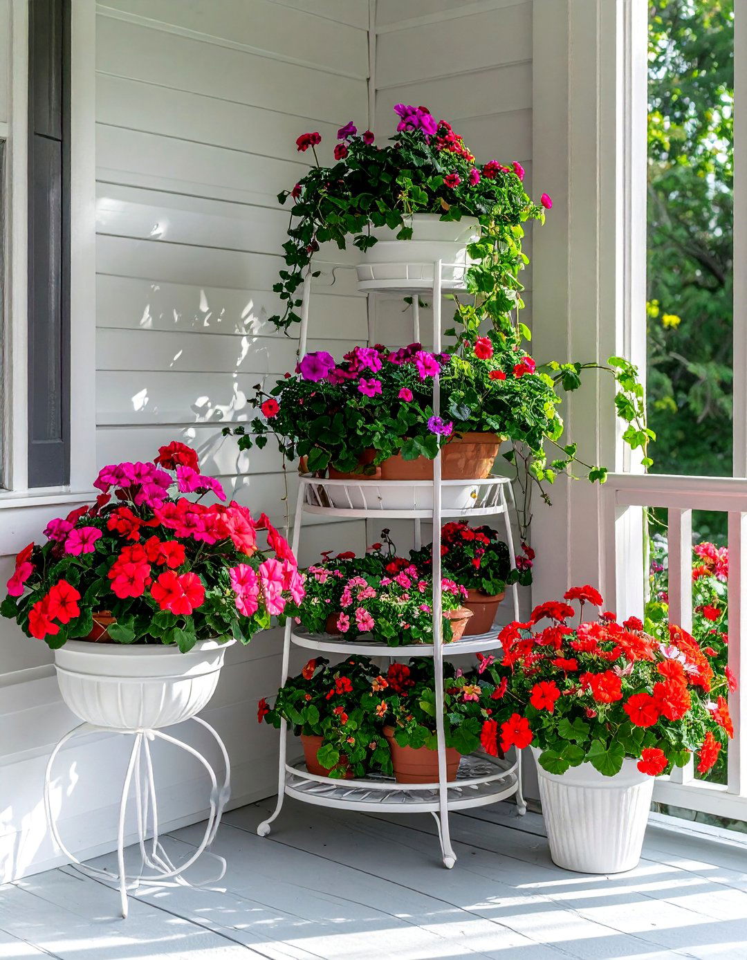 Small Front Porch with Tiered Plant Stands - 40 Small Front Porch Ideas for a Welcoming Entryway