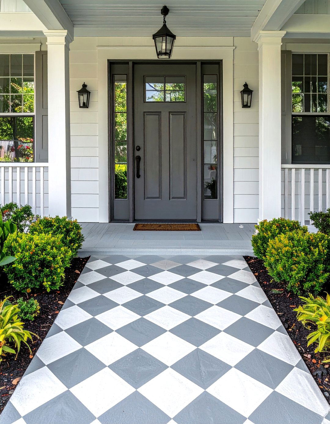Small Front Porch with a Painted Floor Pattern - 40 Small Front Porch Ideas for a Welcoming Entryway