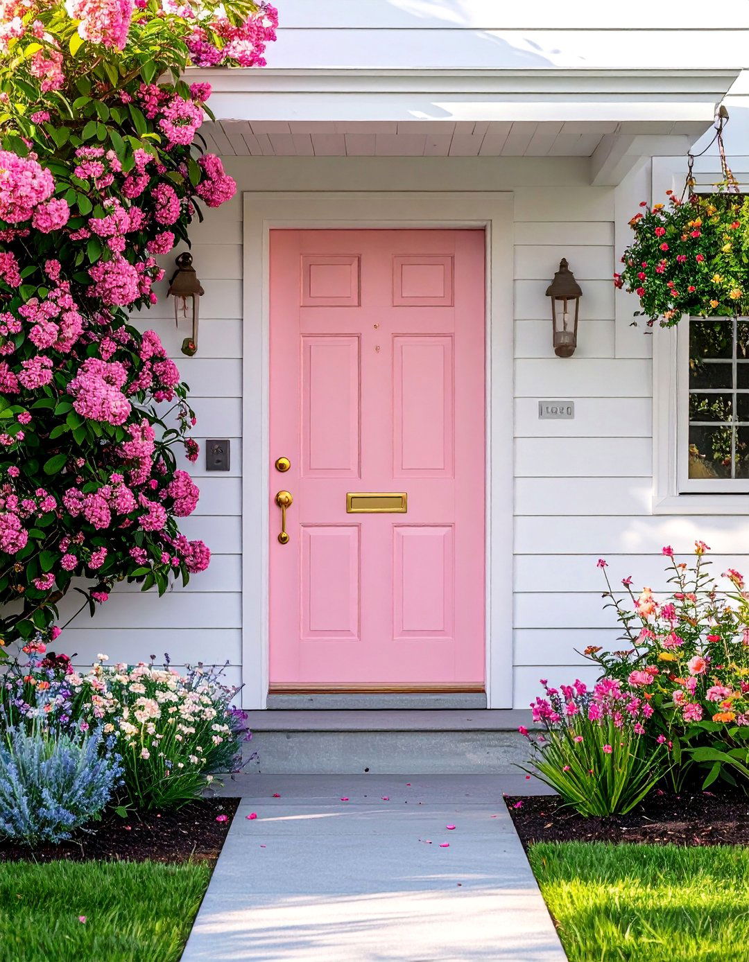 Soft Blush Pink Front Door with Gold Hardware - 20 Pink Front Door Ideas for a Charming Entrance