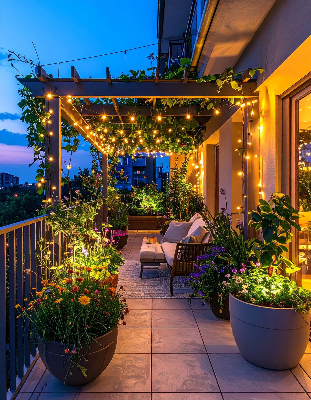 Solar Powered Light Integration in a Balcony Garden - 40 Creative Balcony Garden Ideas for Small Spaces