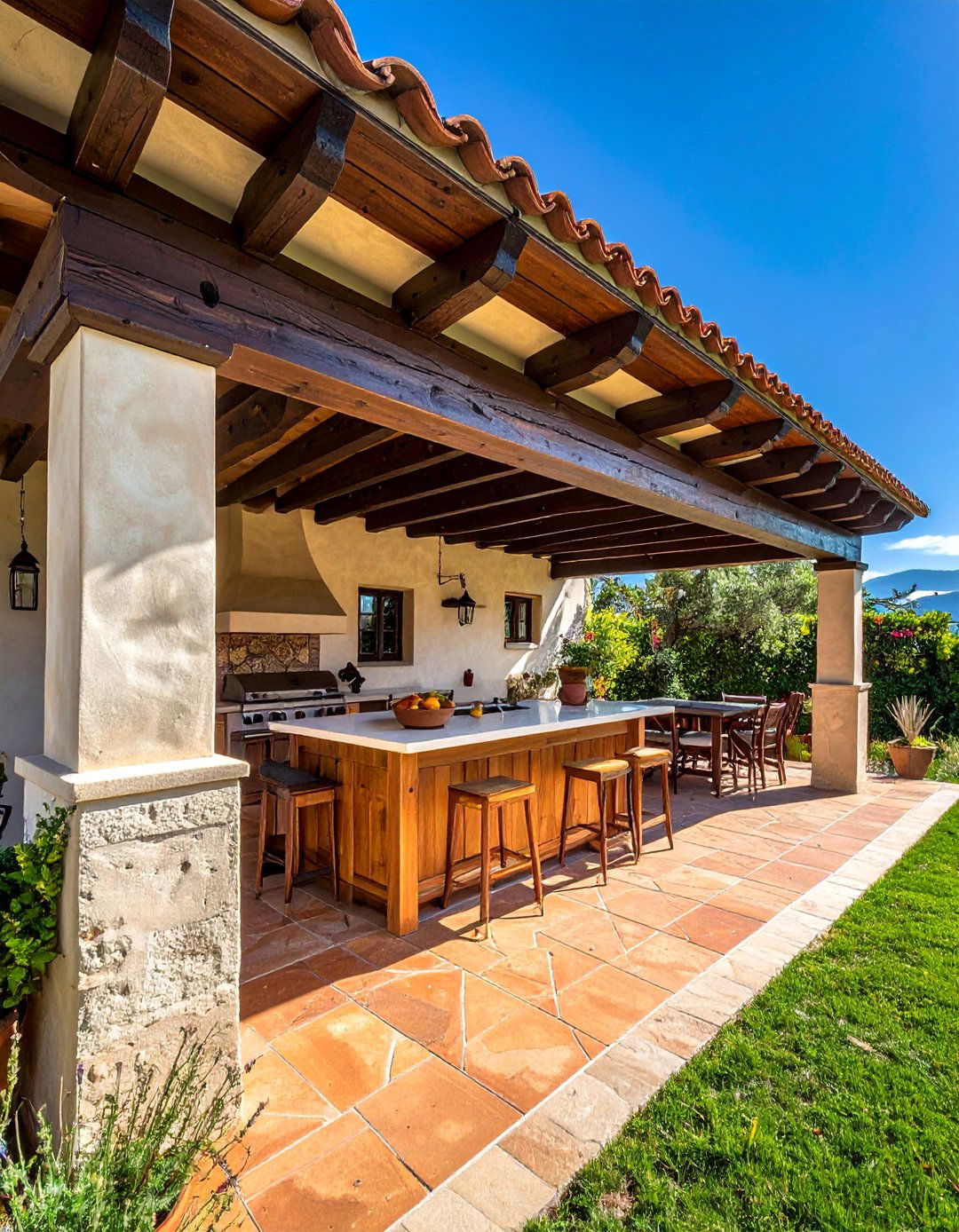 Spanish Kitchen Design with Exposed Wood Beams - 20 Spanish Style Outdoor Kitchen Ideas for Your Backyard