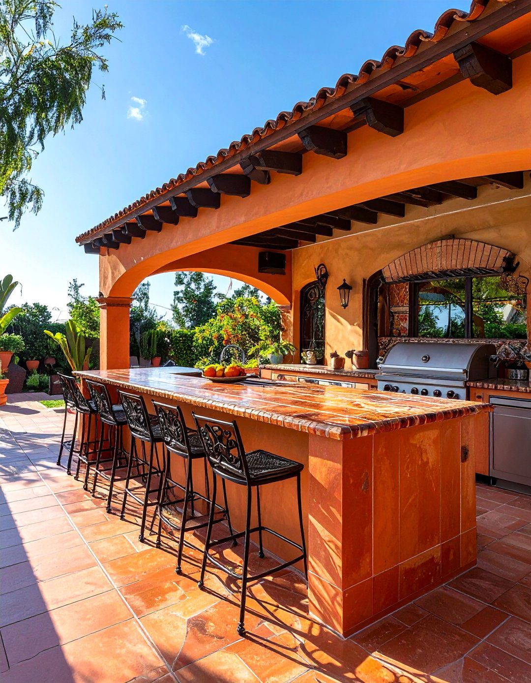 Spanish Kitchen with an Integrated Bar and Seating - 20 Spanish Style Outdoor Kitchen Ideas for Your Backyard