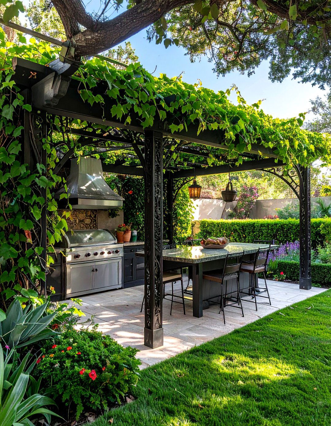 Spanish Outdoor Kitchen Under a Wrought Iron Pergola - 20 Spanish Style Outdoor Kitchen Ideas for Your Backyard