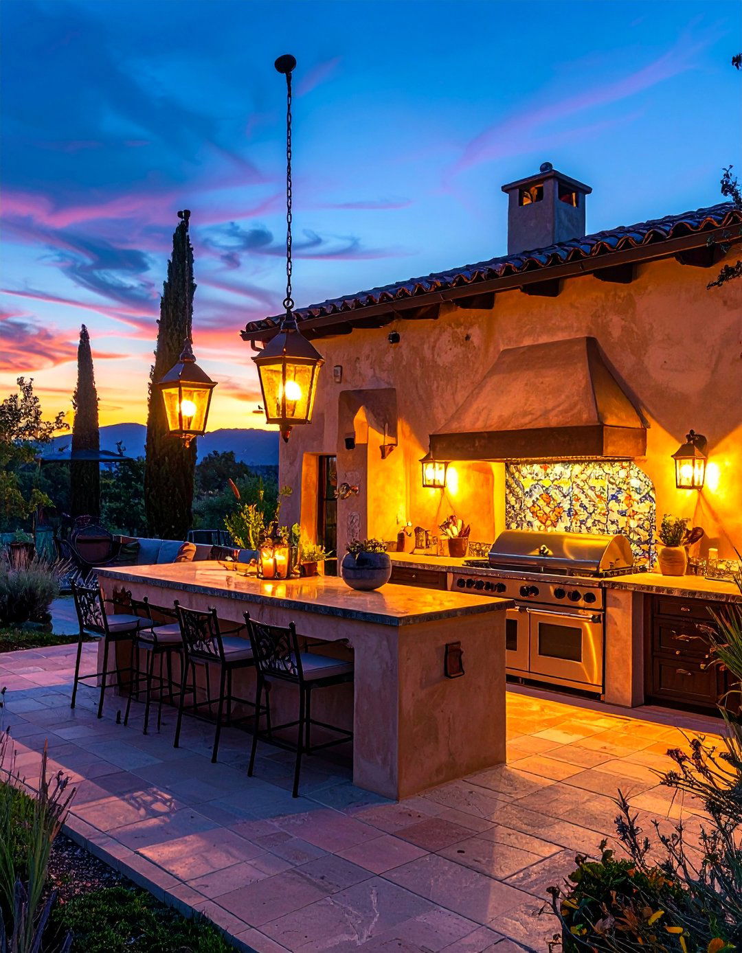 Spanish Outdoor Kitchen with Lantern and Pendant Lighting - 20 Spanish Style Outdoor Kitchen Ideas for Your Backyard