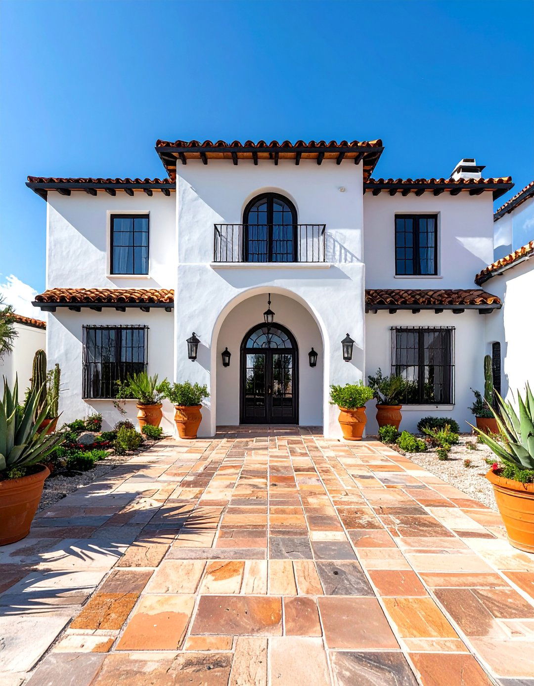 Spanish Style Single Story White House with Black Iron Trim - 30 Single Story White House Black Trim Designs