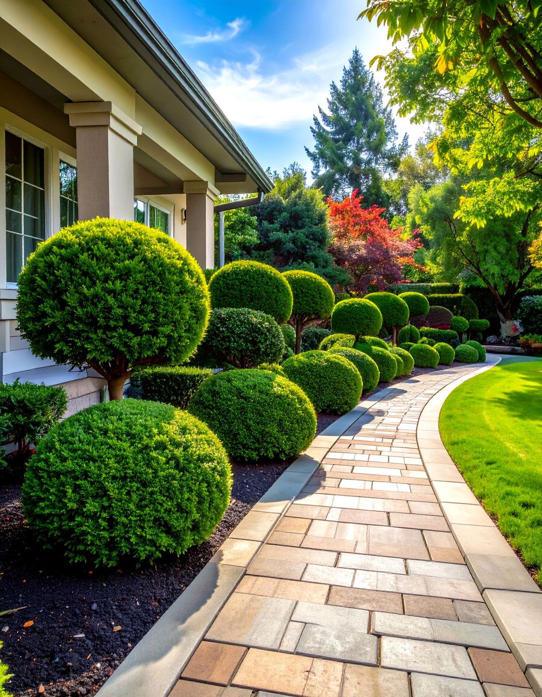 Spherical Boxwood Shrubs Along a Walkway - 20 Front Yard Boxwood Shrubs for Elegant Landscaping
