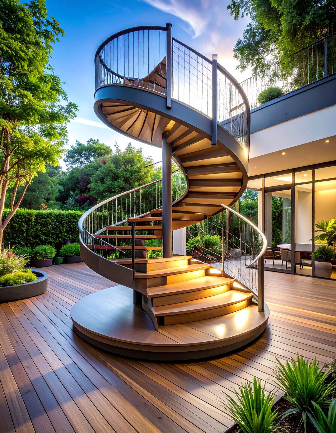 Spiral Staircase Accent - 30 Patio Deck Ideas to Elevate Your Outdoor Living