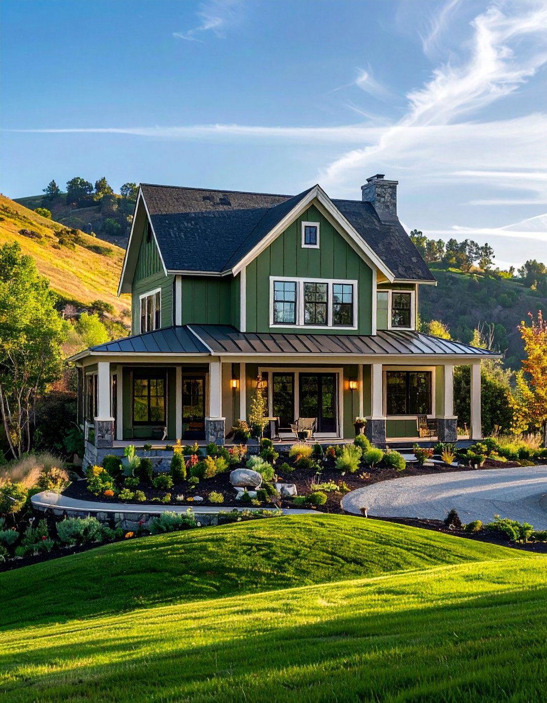 Split Level Farmhouse in Varying Green Tones - 25 Farmhouse Green Exterior Home Ideas for Curb Appeal