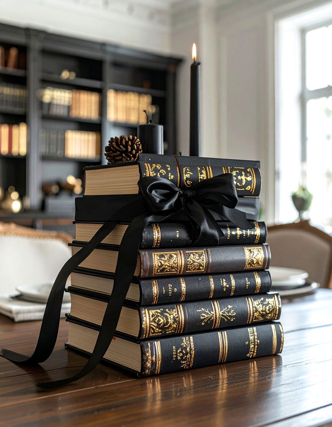 Stacked Books with Gold Spines and Black Ribbon Centerpiece - 20 Black and Gold Centerpiece Ideas for Elegant Tables