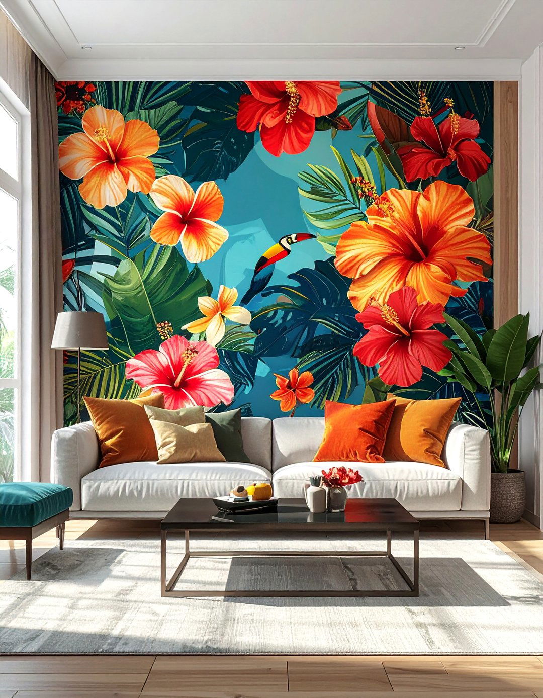 Statement Tropical Themed Wallpaper - 25 Tropical Living Room Ideas for a Relaxing Vibe