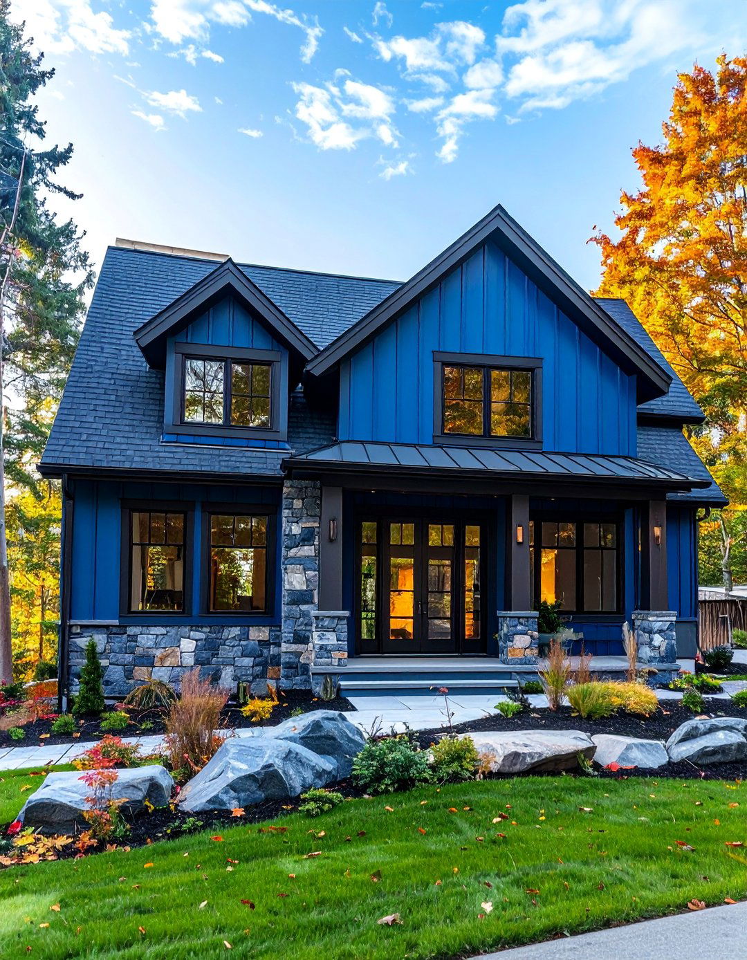 Steel Blue Exterior with Stone Accents - 30 Blue Exterior House Paint Ideas for Curb Appeal