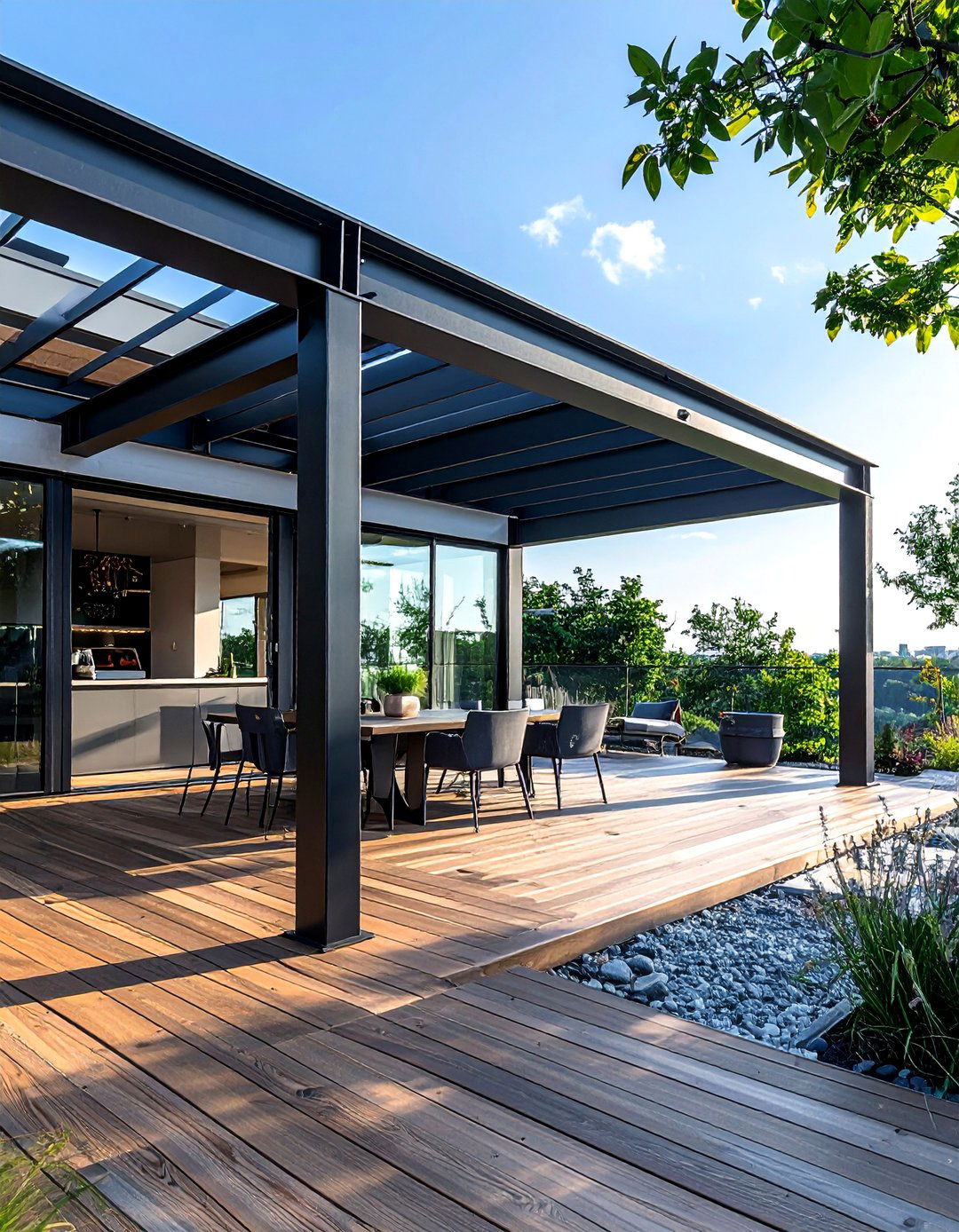 Steel Frame Industrial Style - 30 Partially Covered Deck Ideas for Year-Round Enjoyment