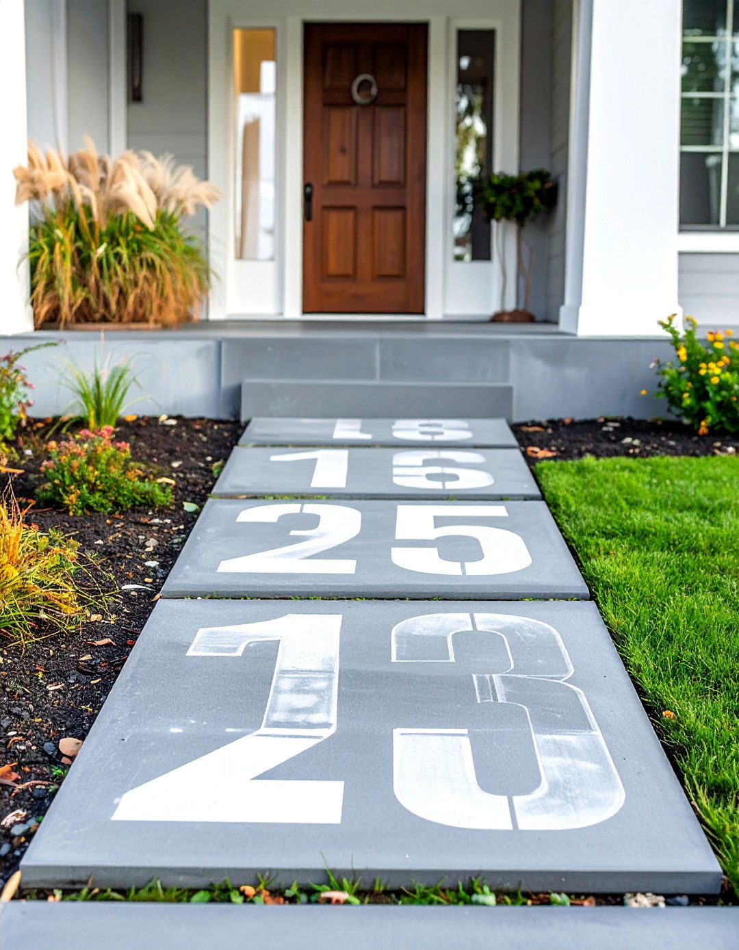 Stenciled House Numbers on a Walkway - 40 House Number Ideas for Curb Appeal