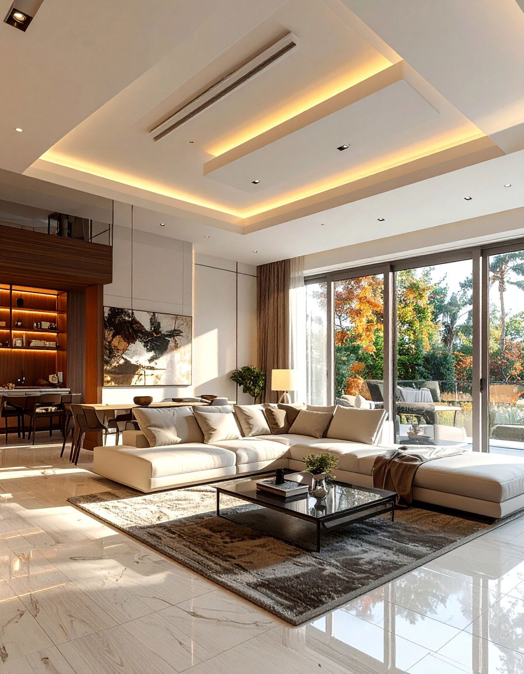Stepped False Ceiling with Progressive Heights - 20 Living Room False Ceiling Design Ideas for Elegance