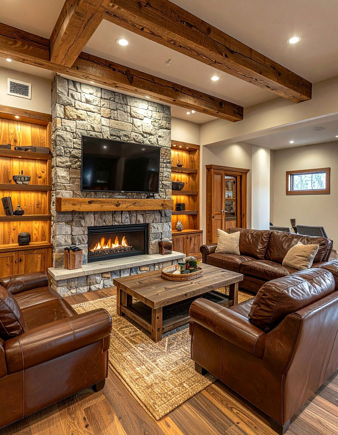 Stone Fireplace Entertainment Center - 25 Rustic Basement Ideas for a Cozy and Inviting Space