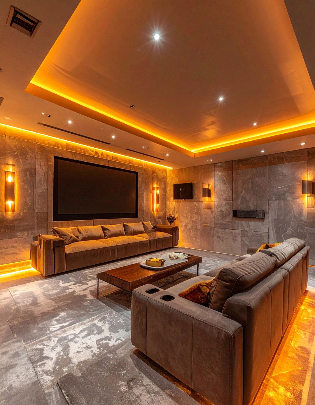 Stone Gray with Warm Dimmable Lighting - 20 Gray Home Theater Paint Color Schemes