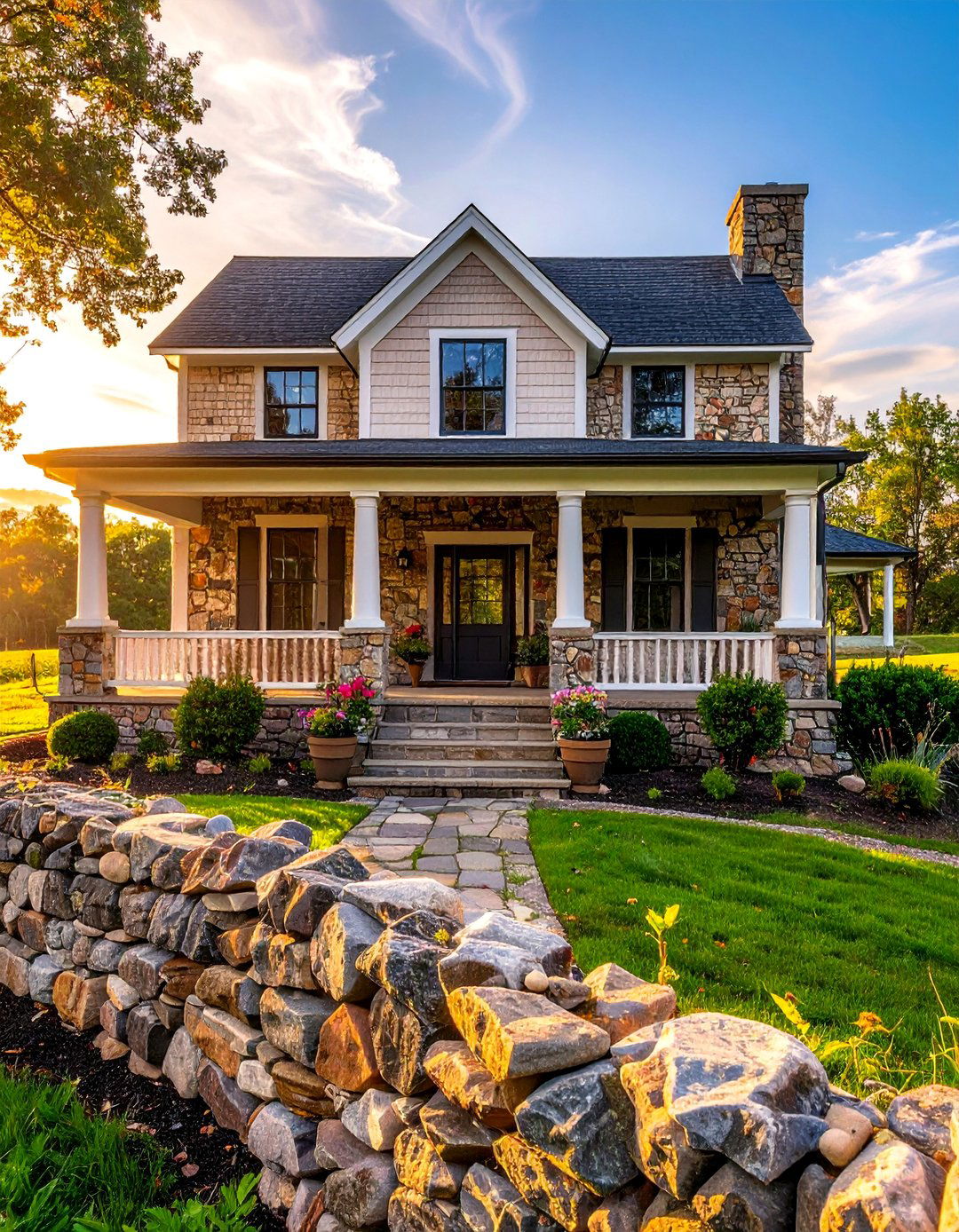 Stone Knee Wall for a Porch - 30 Stunning Stone Exterior Home Ideas for Curb Appeal