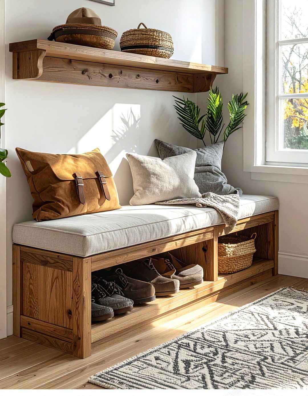 Storage Bench with Hidden Compartments - 40 Small Entryway Ideas for Stylish First Impressions