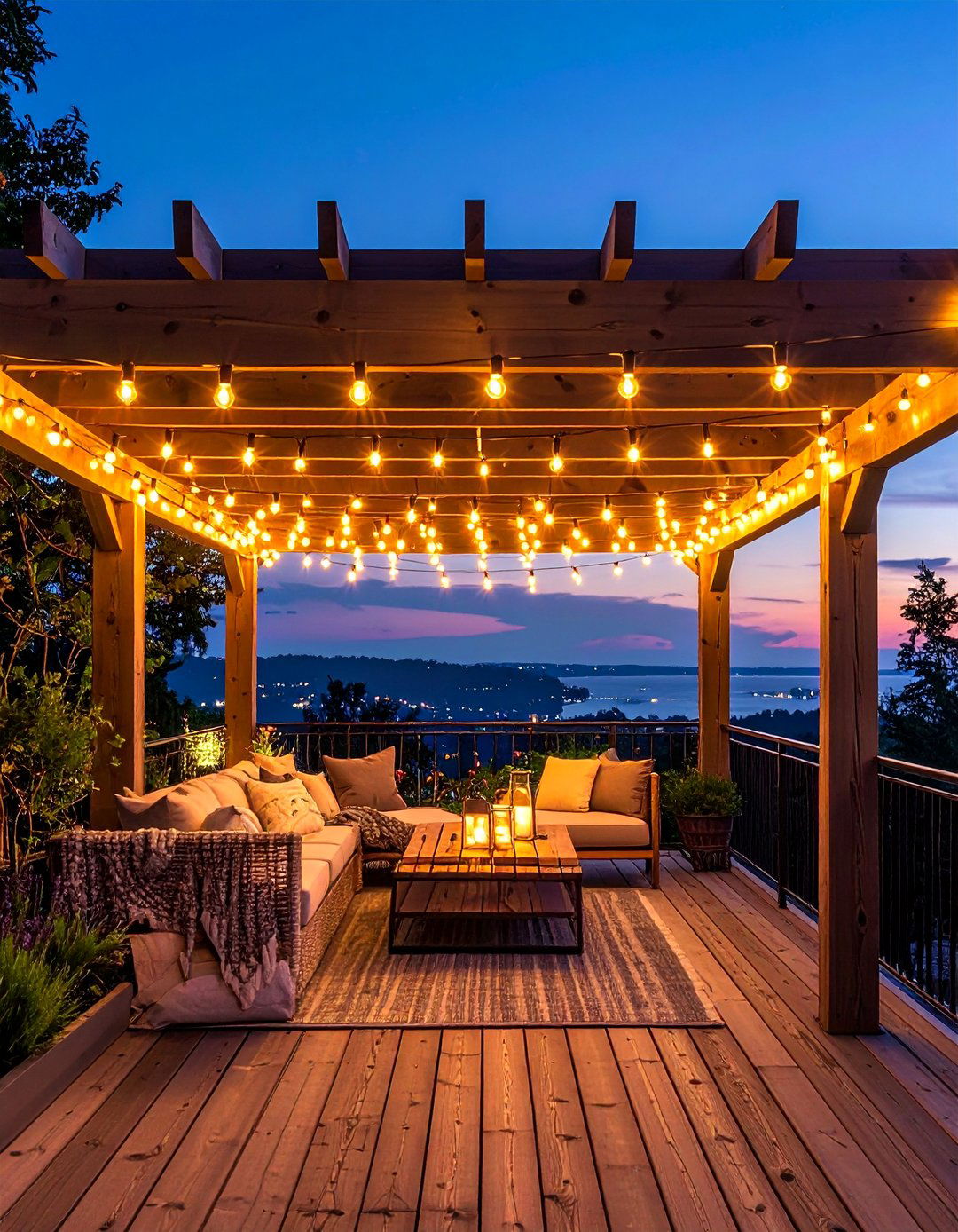 String Light Pergola - 30 Partially Covered Deck Ideas for Year-Round Enjoyment