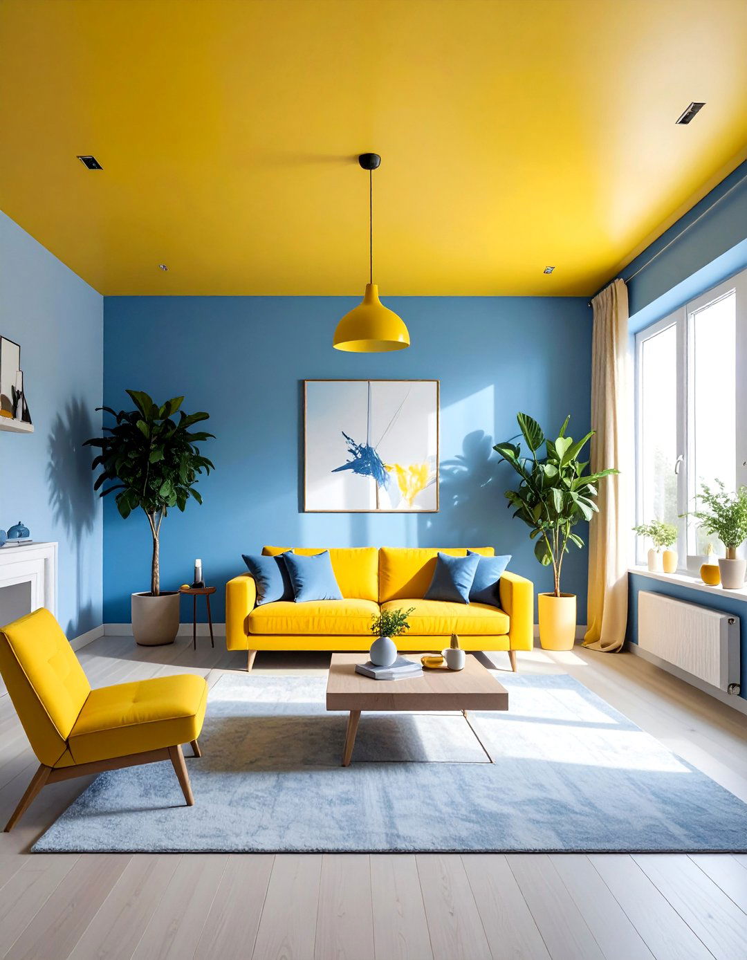 Sunny Yellow Ceiling with Blue Walls - 15 Yellow and Blue Living Room Ideas for Cheer