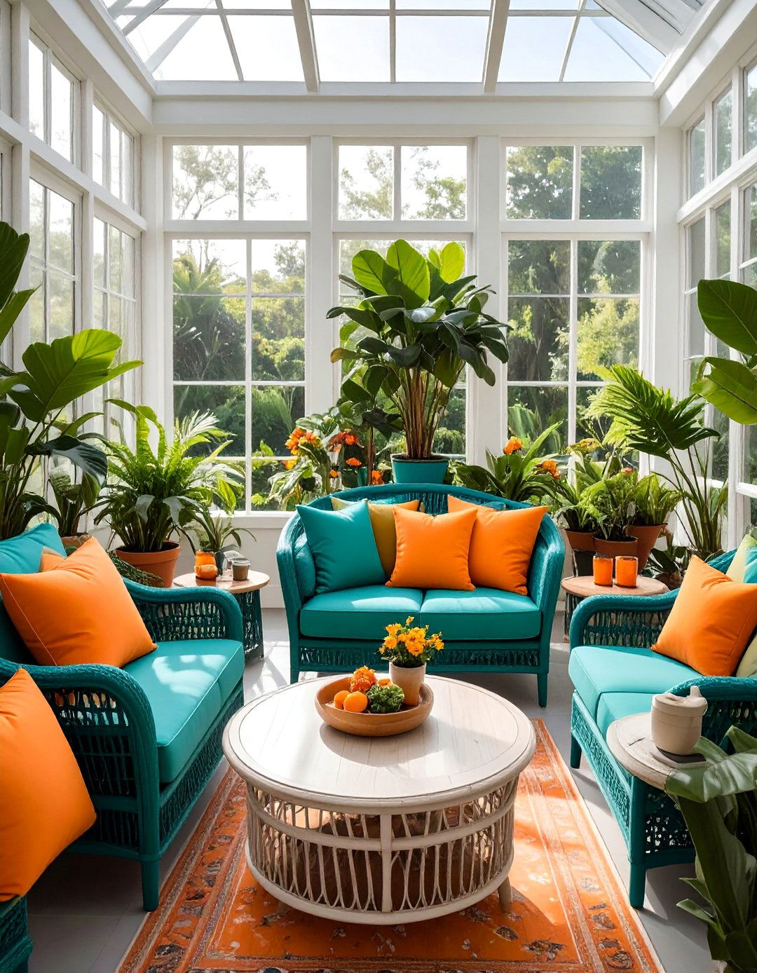 Sunroom with Teal Wicker Furniture - 20 Teal and Orange Color Scheme Ideas for Your Rooms
