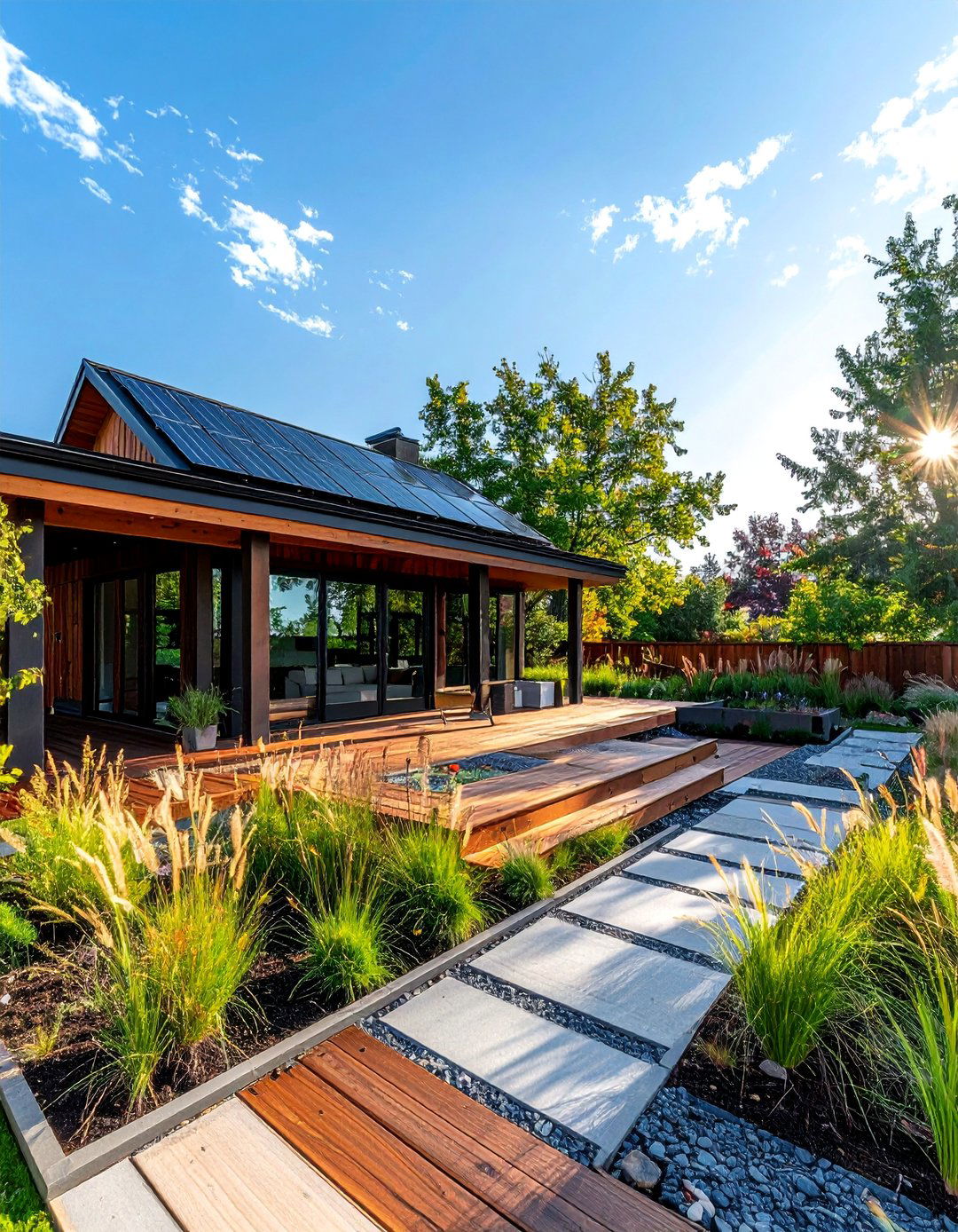 Sustainable Eco Friendly Deck with Rain Garden Patio - 30 Deck and Patio Combination Ideas for Outdoor Living