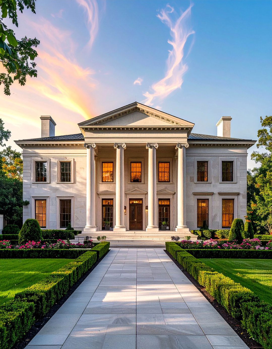 Symmetrical Formal Stone Facade - 30 Stunning Stone Exterior Home Ideas for Curb Appeal