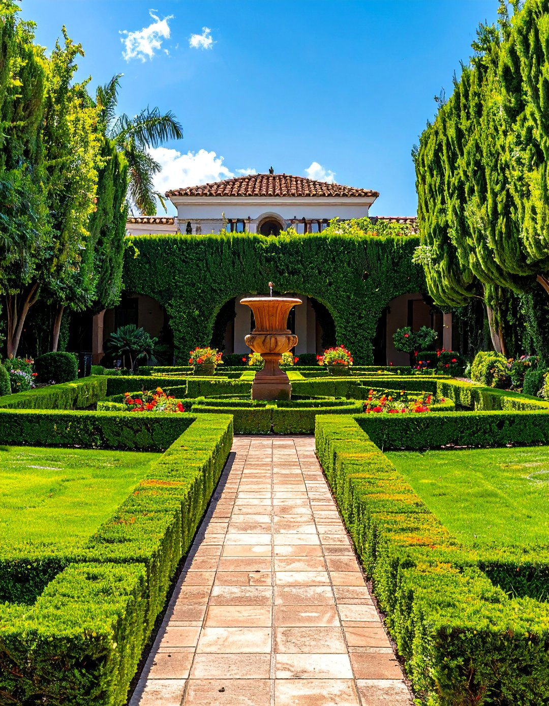 Symmetrical Layout with Boxwood Hedges - 20 Front Yard Spanish Style Landscaping Ideas