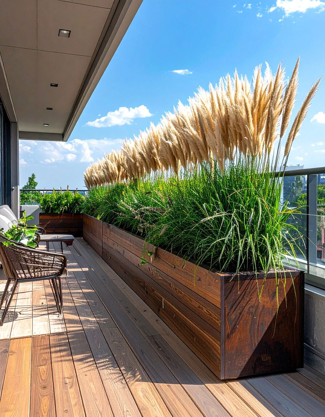 Tall Planter Box Balcony Divider with Ornamental Grasses - 20 Balcony Divider Ideas for Privacy and Style