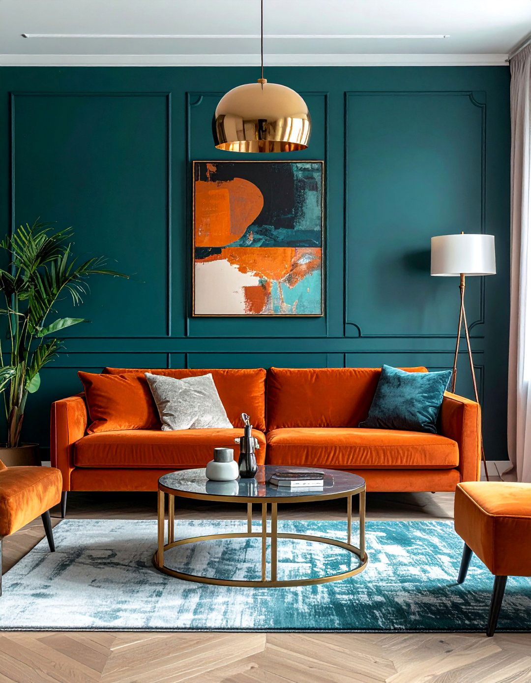 Teal Accent Wall with a Burnt Orange Sofa - 20 Teal and Orange Color Scheme Ideas for Your Rooms
