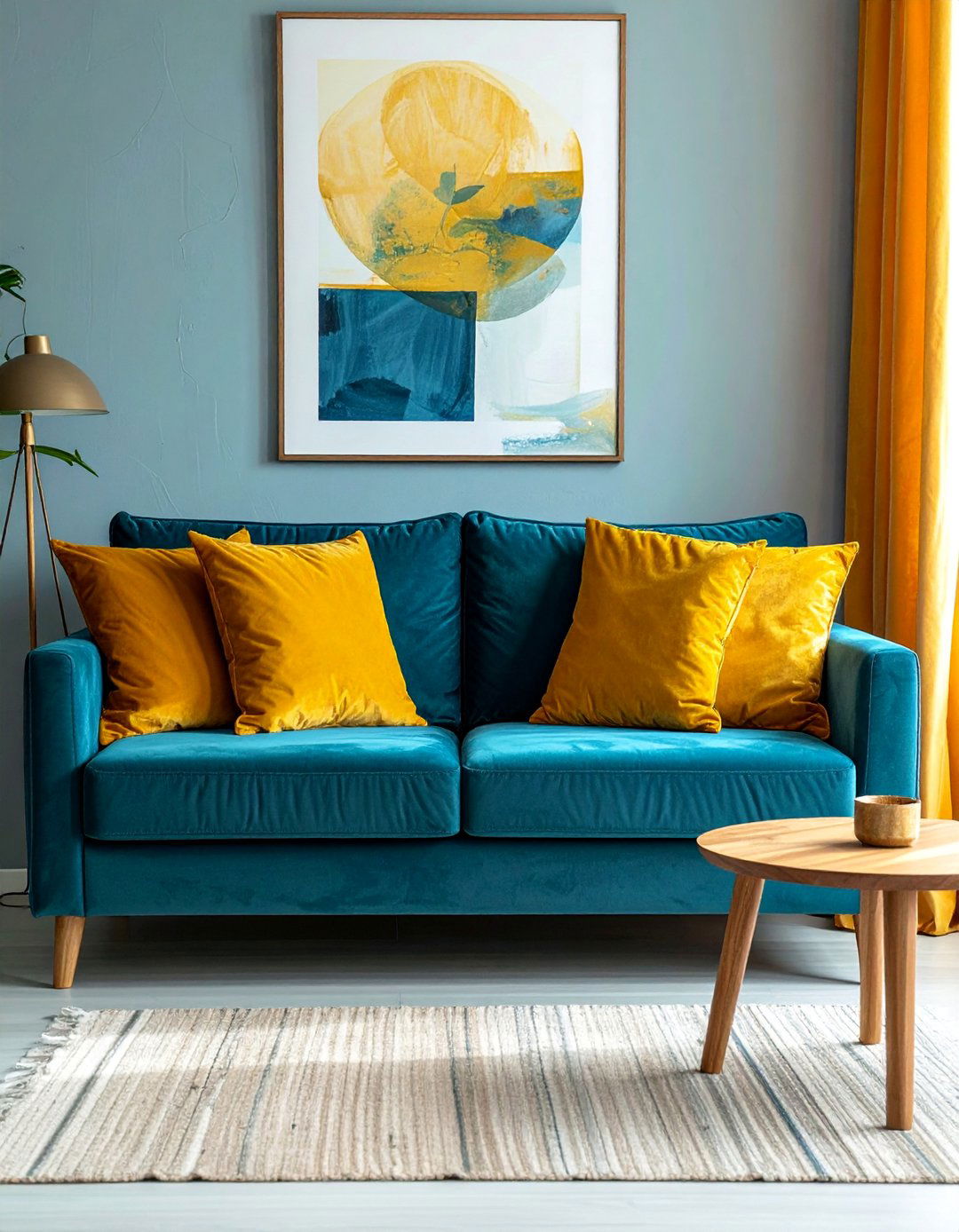 Teal Blue Sofa with Ochre Yellow Pillows - 15 Yellow and Blue Living Room Ideas for Cheer