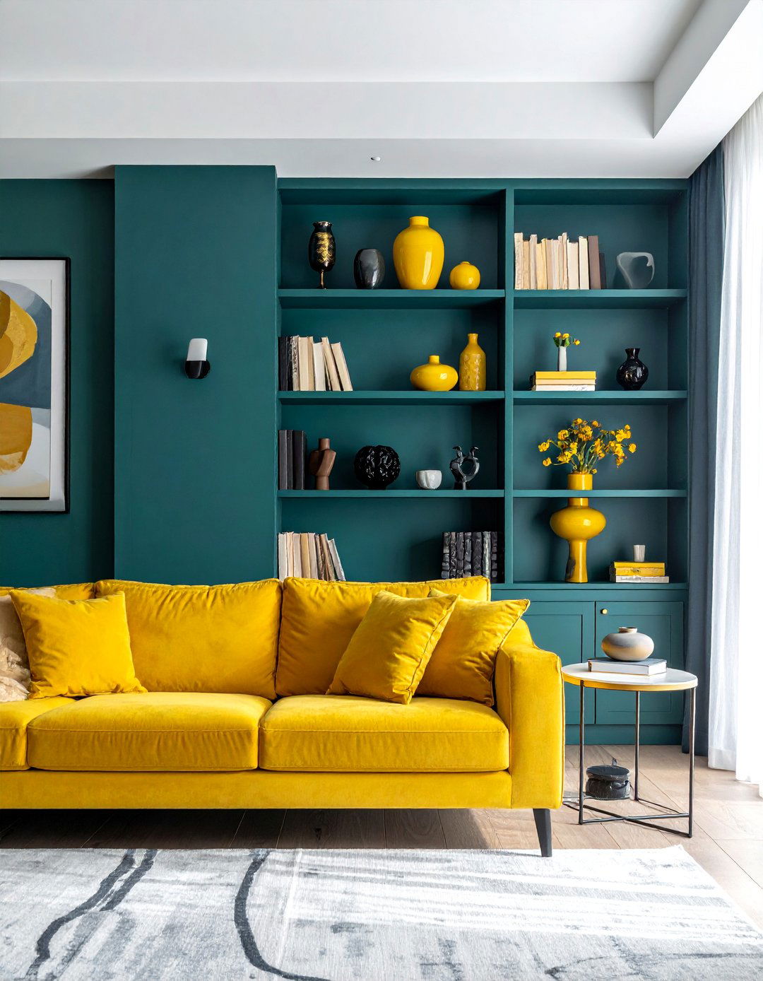 Teal Bookshelves with Yellow Decorative Objects - 25 Vibrant Teal and Yellow Living Room Ideas
