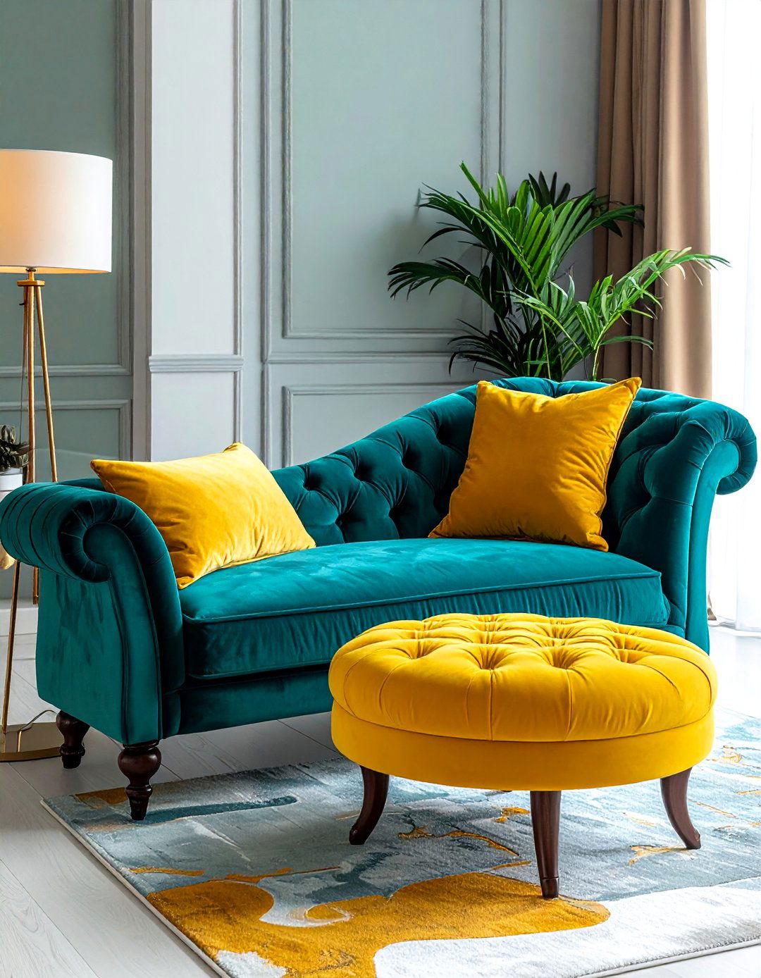 Teal Chaise Lounge and Yellow Ottoman - 25 Vibrant Teal and Yellow Living Room Ideas