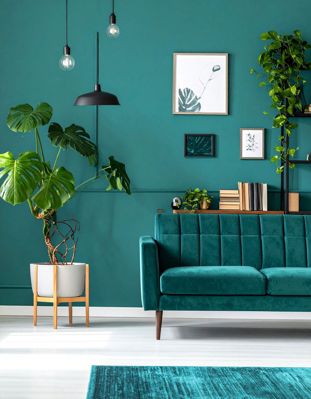 Teal Living Room Enhanced with Indoor Plants - 25 Stylish Teal Living Room Decor Ideas