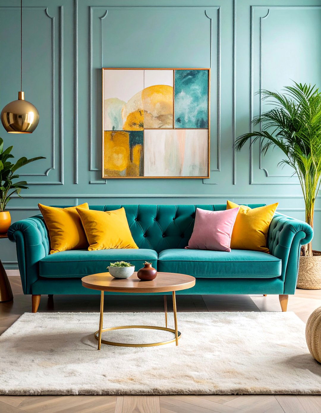 Teal Living Room Featuring a Velvet Sofa - 25 Stylish Teal Living Room Decor Ideas