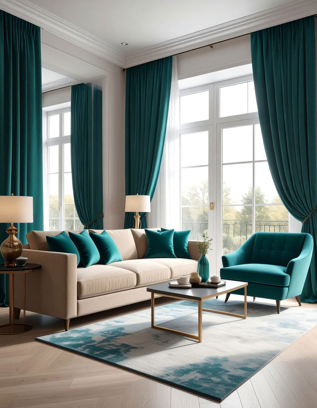 Teal Living Room Framed with Elegant Curtains - 25 Stylish Teal Living Room Decor Ideas