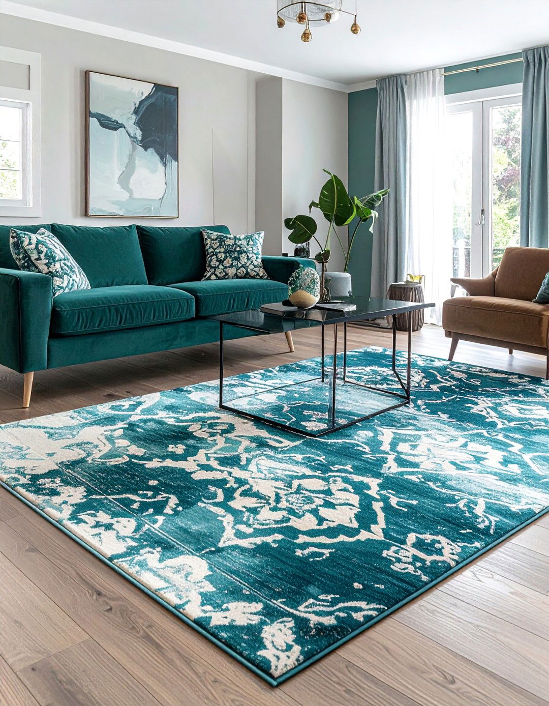 Teal Living Room Grounded by an Area Rug - 25 Stylish Teal Living Room Decor Ideas