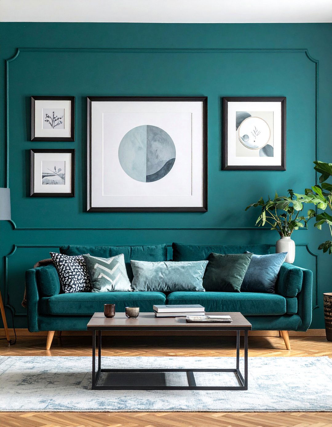 Teal Living Room Showcasing a Gallery Wall - 25 Stylish Teal Living Room Decor Ideas